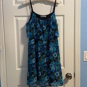 Blue floral cinched waist dress.